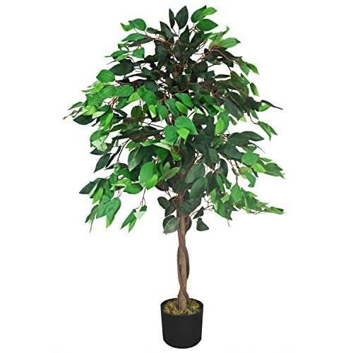 Decovego Künstlicher Ficus Benjamin, Kunstpflanze, Kunstbaum 110 cm, mit Echtholzstamm, für Wohn- & Büroräume, pflegeleicht & immergrün