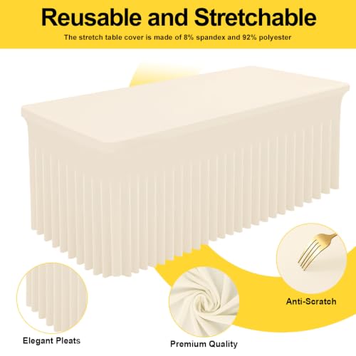 Image of Smiry 2 Pack Spandex Elastic Fitted Table Cloth Skirt for 8FT Table | Stretch Washable Table Cloth, Banquet Table Cover for Wedding, Party, Indoor & Trade Shows, (Beige, 96Lx30Wx30H)