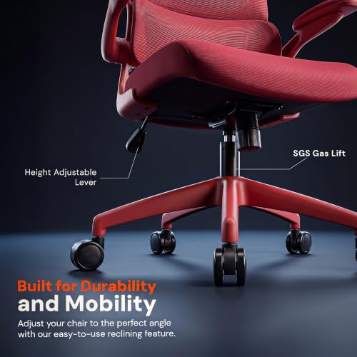 Image of DROGO Chrono Ergonomic Office Chair for Work with Adjustable Lumbar Support | Curved Back Breathable Mesh | Computer Chair With 120 Recline | 2D Padded Armrest & Heavy Nylon Base, 1-Yr Warranty (Red)