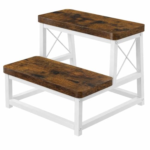 Image of 82984 Heavy Duty Wooden Step Stool for Adults, 2 Tier Heavy Duty Step Stool for High Bed with Non-Slip Feet, Using for Bedroom, Living Room, Bathroom and Kitchen (White)