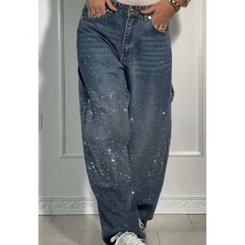 Casual Rhinestone Loose Harem Jeans - Stretchy Denim with Sparkle, Perfect for Parties & Daily Wear2