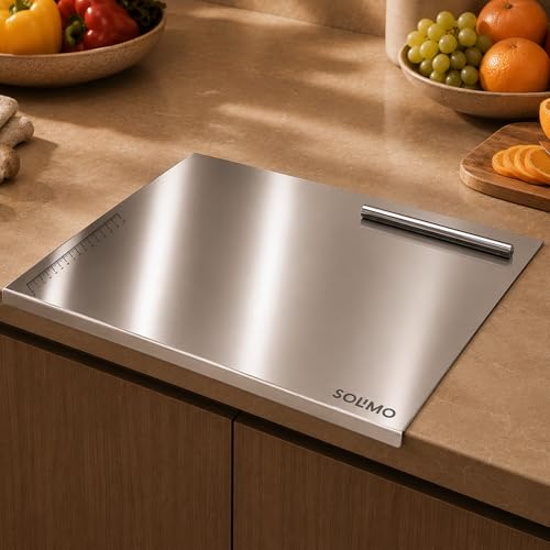 Image of Amazon Brand - Solimo Countertop Chopping, Slicing, Kneading Board | Stainless Steel | Round Edge | for Vegetables, Fruits (L)