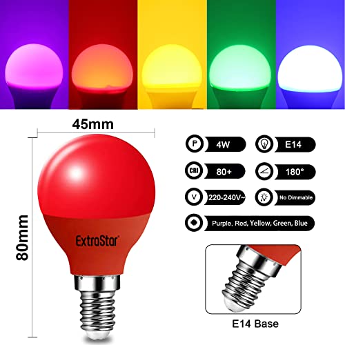 EXTRASTAR E14 LED Light Bulb Red, 4W Small Edison Screw G45 Bulb - Image 4
