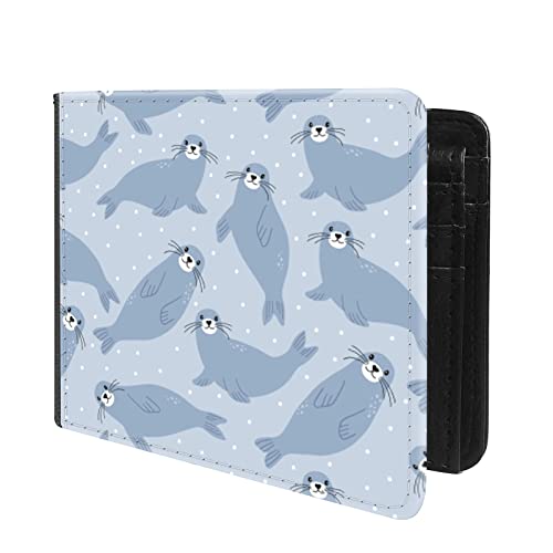 (Cartoon Arctic Animals Seal Front Pocket Slim Bifold Leather Wallet RFID Blocking with ID Window for Men