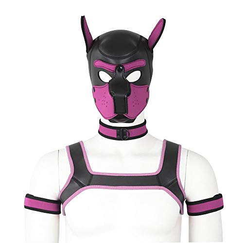 YiQin RWSX Weiche Latex-Hundemaske mit Ohren, Welpenmaske für Cosplay-Party-Maskerade Set (Maske, Halsband, Armbinde, Riemen) (Color : Pink, Size : Large)