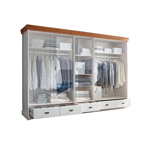 Lomadox Schlafzimmer komplett Set Doppelbett Bettschubkasten Nachkommode Kleiderschrank Bettbank SAVONA-69 in Kiefer massiv weiß mit Honig – Bild 8