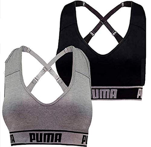 PUMA Women's Seamless Sports Bra Removable Cups - Adjustable Straps Moisture Wicking (2 Pack), Black/Grey, XL