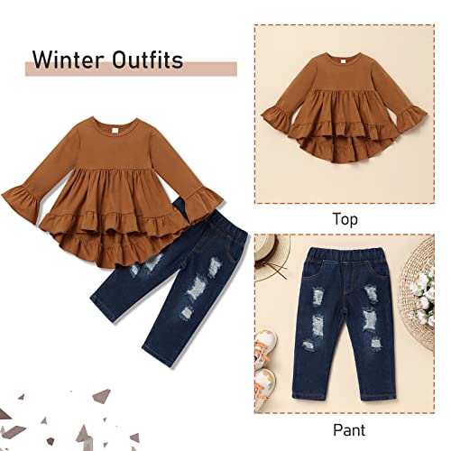 Image of Toddler Girl Clothes Long Sleeve Ruffle Dress Top and Jeans Pants Toddler Girl Fall Outfits