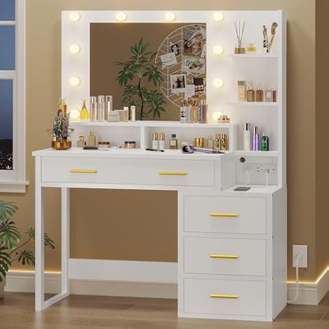 Tiptiper Makeup Vanity with Lights, Vanity Desk with Charging Station, White Vanity Table with 10 Light Bulbs Mirror & 3 Lighting Modes, Makeup Desk with Drawers, Nightstand and Storage Shelves Cover