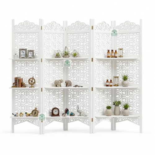 Image of Wooden Room Divider 6 Feet, 5-Panel Folding Wooden Partition for Living Room, Office, Pooja Room, Restaurant, Kitchen & Balcony