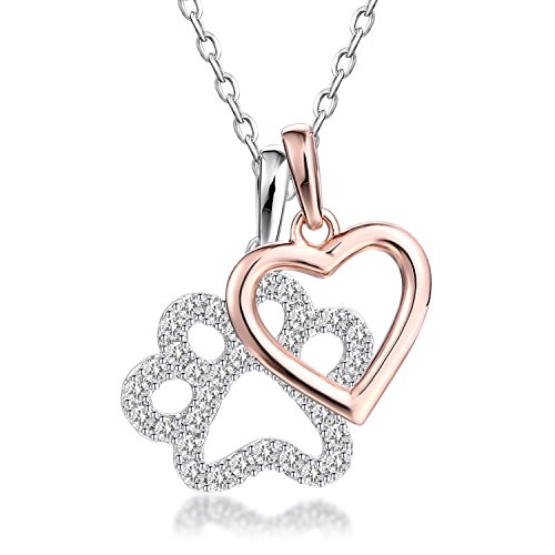 GuqiGuli Sterling Silver Dog Paw Print with Rose Gold Heart Charm Pendant Necklace, 18''