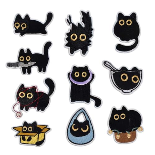 Lot de 10 Écussons Brodés en Forme de Chat Noir, Thermocollant Ecusson a Coudre,À Coudre/Auto-Adhésifs, Patchs de Broderie de Chat Noir Mignons Écusson pour...