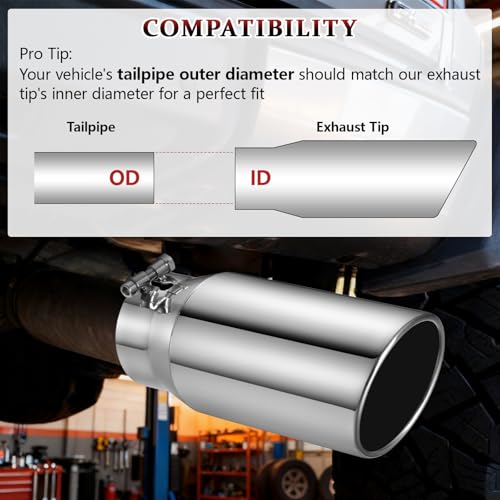 Image of Exhaust Tip 4 inch Inlet 5 inch Outlet 12 inch Long, High Performance Stainless Steel, Rustproof Polished Finish, Rolled Angle Cut, Bolt-On Diesel Tail Pipe, Universal for Car Truck