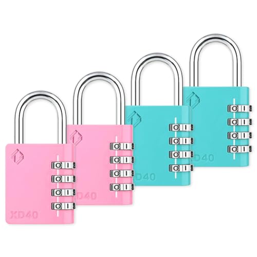 Image of XD40 Combination Lock, 4-Digit Padlock for School Gym Sports LockerLock, Fence, Toolbox, Case, Hasp Storage (4-Pack, Pink, Emerald)