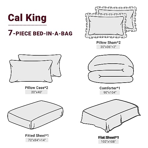 JOLLYVOGUE Dark Red Cal King Size Comforter Sets 7 Pieces, Pintuck Bed in a Bag Comforter Set for Bedroom, Bedding Comforter Sets with Comforter, Sheets,Ruffled Shams & Pillowcases