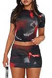 XIITYMU Womens Sets 2 Piece Outfits Crew Neck Print Short Sleeve Crop Tops for Women and Bodycon Mini Skirt Set Black X-Small