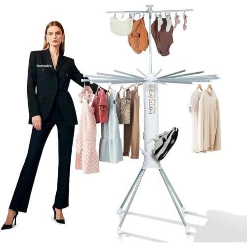 Image of 4-Leg Foldable Clothes Drying Rack with 20 Clips | Shoe Holder | 16Drying Rods | Portable Aluminum Laundry Hanger| with Wheels for Indoor & Outdoor Use