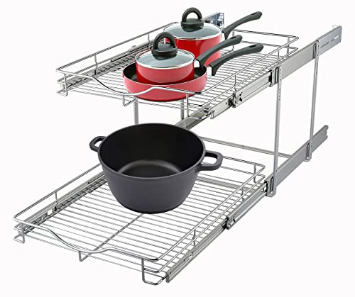 Dindon 2 Tier Pull Out Cabinet Organizer (17" W X 18" D) Heavy-Duty Metal Sliding Drawer Shelf, Two Tier Pull Out Shelves For Kitchen Cabinets, Pantry, Bathroom, Chrome Finish #TOP5