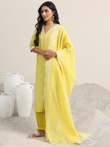 Image of Libas Woven Design Cotton Blend Straight Kurta With Salwar and Dupatta