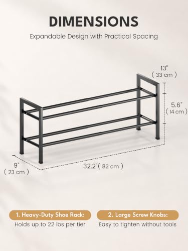 Image of Bumusty 2 Tier Expandable Shoe Rack for Closet, 18 inch-33 inch Adjustable Shoe Rack for Small Space, Small Shoe Organizer for Front Door, Sturdy Metal, Black