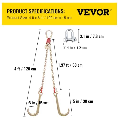 VEVOR G80 V Bridle Chain, 5/16 in x 3 ft Towing Chain Bridle with J Hooks and T Hooks, Heavy Duty Transport Tow Chain Bridle with 10800 lbs Safe Working Load Ideal for Flatbed Truck Wrecker Recovery - image 7