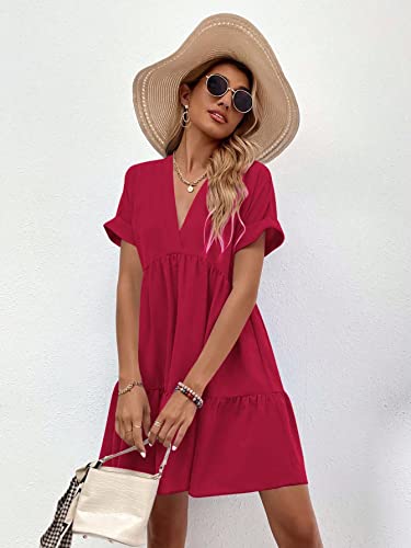 Image of WDIRARA Women's Roll Up Short Sleeve V Neck Ruffle Hem Solid Swing Smock Dress