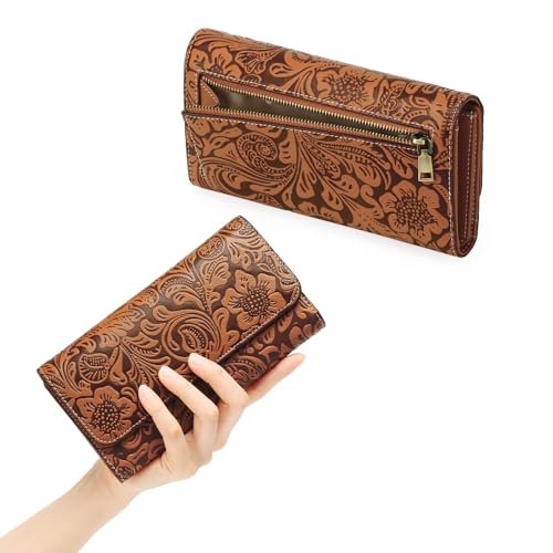 GOIACII Women's Wallet RFID Blocking Long Clutch Ladies Purse Vegan Leather Embossed Flower Brown3