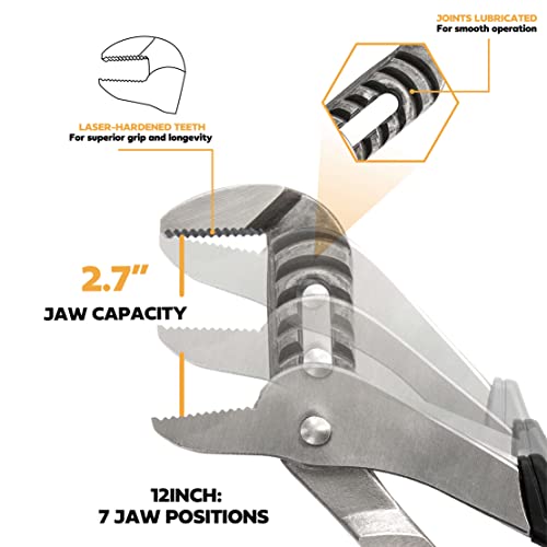 Image of Olympia Tools 12-Inch Tongue and Groove Pliers, Straight Jaw Pliers with Cushion grip, 7 Jaw positions, 2.7 inch Jaw Capacity
