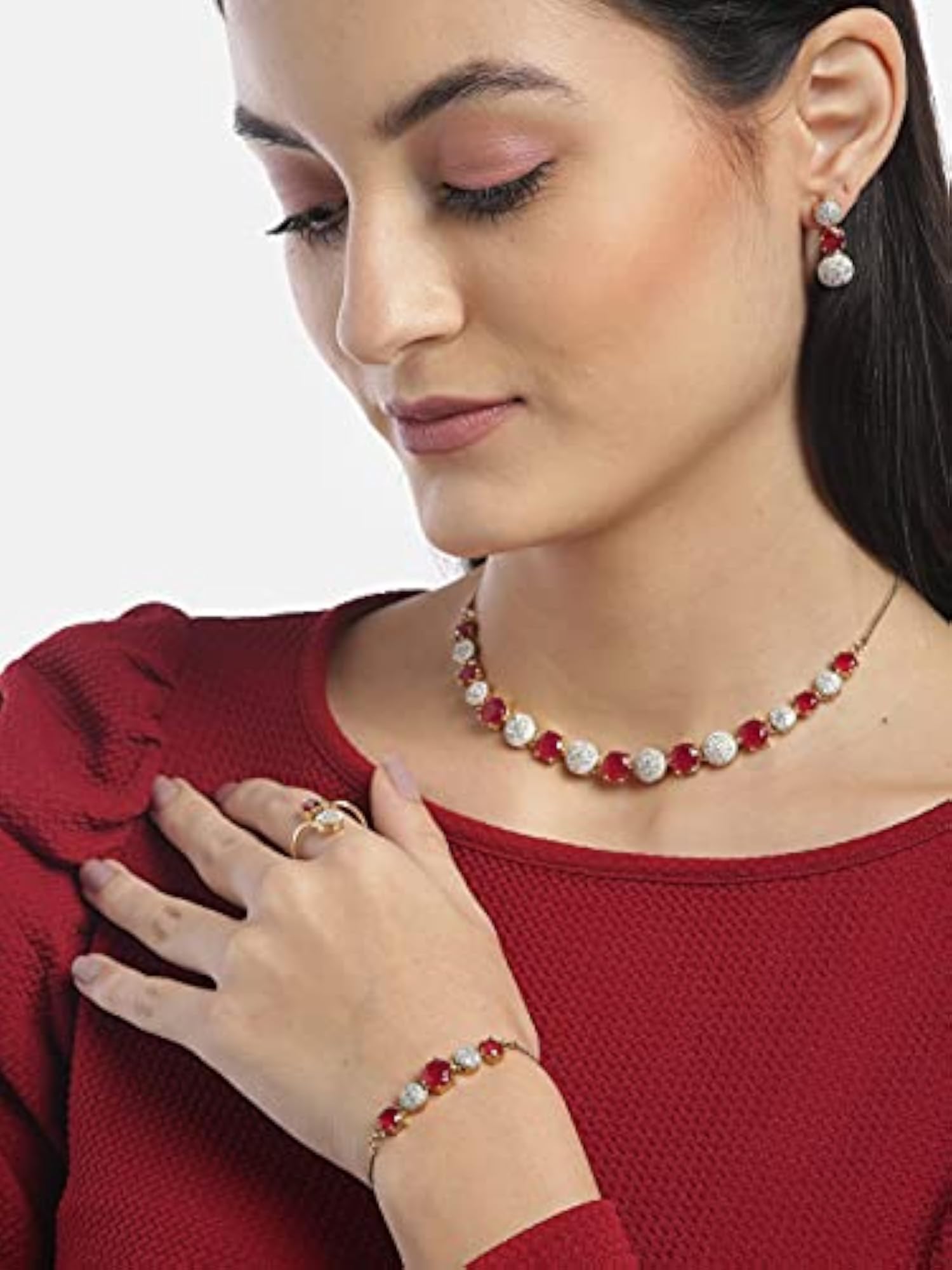 American Diamond Jewellery Set with Necklace, Earrings, Bracelet, Ring