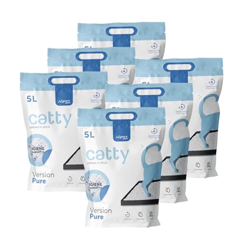 AQPET Lettiera per gatti, Catty lettiera al silicio per gatti 6x5L (30L totali) cristalli di silice profumo neutro, super assorbente, antibatterica, senza polvere e contro gli odori