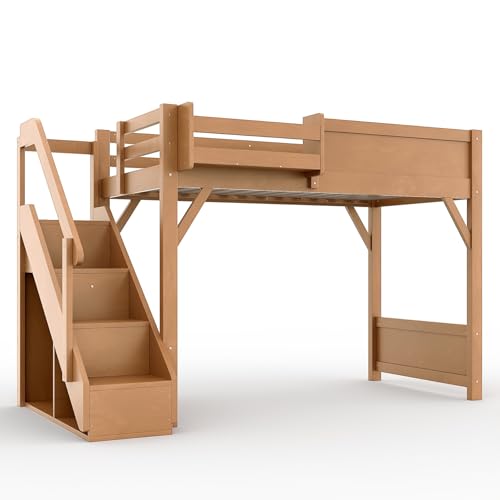 Image of KEIKI Solid Wood Twin Size Loft Bed Frame with Stairs, Built-in Wardrobe and Storage Space, Twin Loft Bed with Shelves, Full-Length Guardrails, No Box Spring Needed for Bedroom, Antique Natural