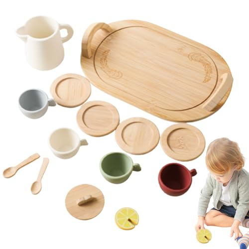 Juegos de té para niños para 3-6 niñas y niños Juego de simulación de fiesta de té lindo de grado alimenticio Juego de madera de silicona de desarrollo a prueba de fugas para juegos de rol de