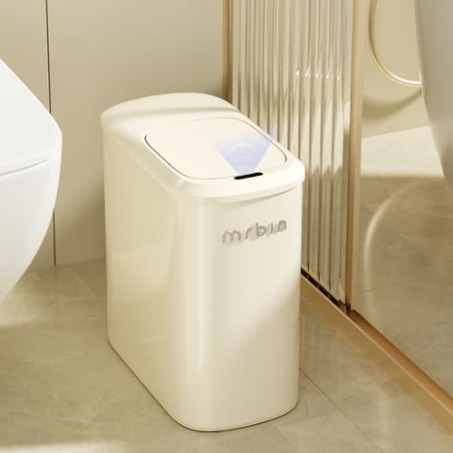 MRBIN Motion Sensor Bathroom Metal Trash Can with Lid and Wheels, 10L/2.6gal Automatic Removable Slim Electric Narrow Waste Basket for Near Desk Office, Bedroom, Kitchen, Rv, White