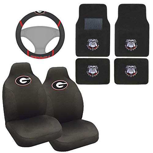All Weather Carpet Floor Mats 2 Universal Highback Front Seat Covers and Steering Wheel Cover Set For Georgia Bulldog Fan