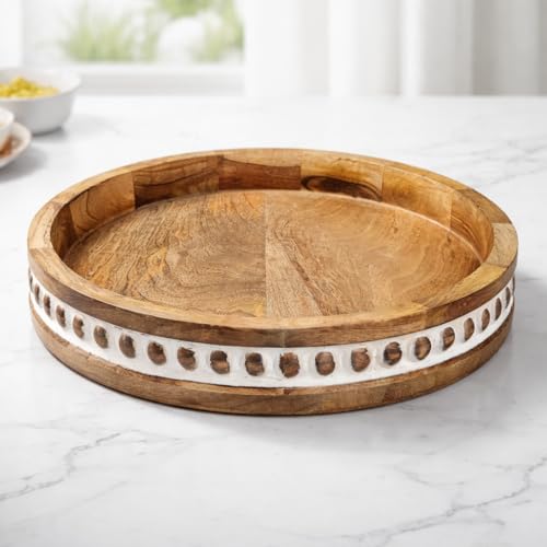Image of Premium Round Wooden Tray for Table Decor & Serving | Mango Wood Coffee & Snack Tray for Dining & Living Room, Decorative Round Platter for Home 12 inches