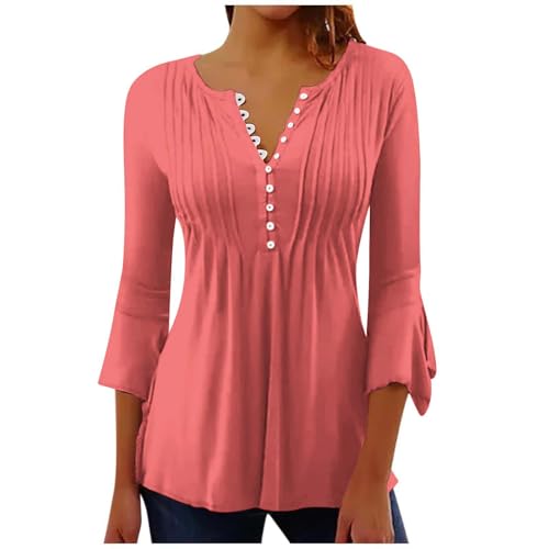 PBNBP 3/4 Length Sleeve Womens Tops Solid Color Blouses for Women Dressy Casual Tunic Tops Pleated Henley Neck Shirts Tee A01 Watermelon Red Small