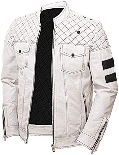 Herren-Bikerjacke, weiches Echtleder, Vintage-Stil, Café-Racer-Bomber-Stil, Weiß, Mehrfarbig: Lederjacke mit Nieten, L