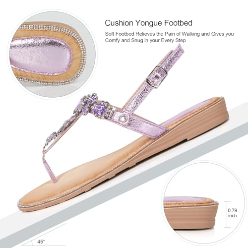 Image of iCKER Women Rhinestone Sandals T-Strap Buckle Bohemian Pearl Crystal Flat Sandals