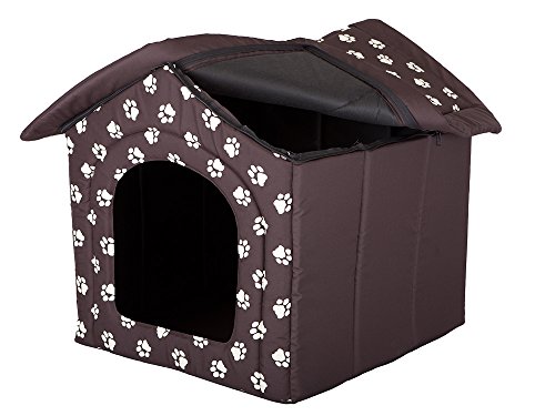 HobbyDog Hundehaus Hundehütte für mittelgroße Hunde - Katzenhaus, Katzenhöhle - mit herausnehmbarem Dach - Tierhaus für Katzen und Hunde für Drinnen/Indoor 60 x 55 x 60 cm [XL] Braun mit Pfoten