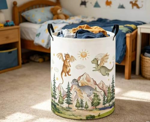 Image of Baby Laundry Hamper Basket Baby Hamper for Nursery Boy and Girl Cute Storage Bin Organizer Boho Room Decor(Hill Dinosaur)