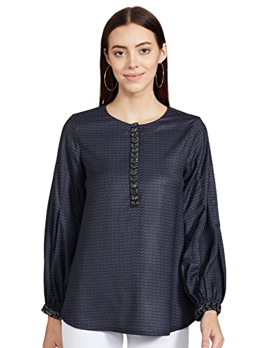 Image of RIVER Namrata Joshipura Printed Premium Designer Women's Top with Embroidered Placket and Cuff Full Sleeves RS2NJTP310A Black