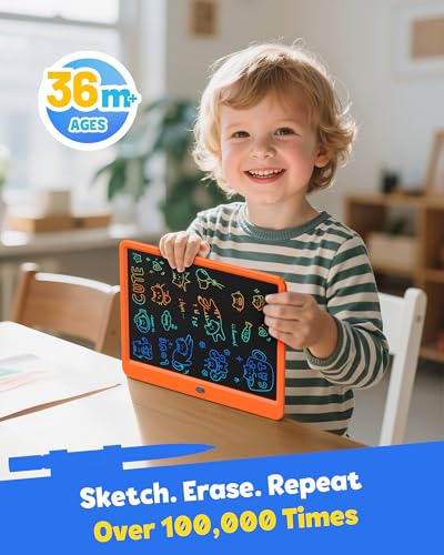 Image of TEKFUN 12 Inch LCD Writing Tablet for Kids, Coloring Drawing Pad, Mess Free Doodle Board, Airplane Travel Toys for Boys and Toddlers, Road Trip Essentials, Gifts for 3-8 Year Old Girls (Orange)