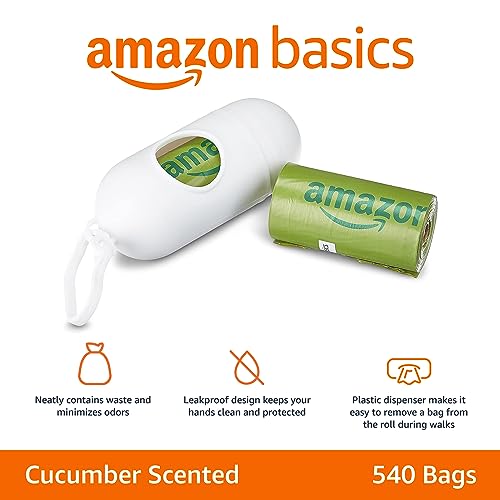 Image of Amazon Basics Premium Leak Proof Dog Poop Bags with Dispenser and Leash Clip, Cucumber Scented, 13 inch x 9 inch, 540 Count (36 Rolls of 15)
