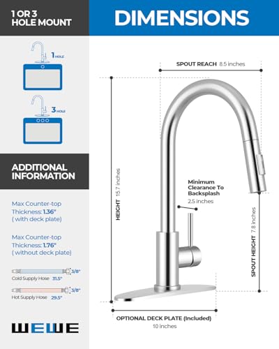 Image of WEWE Kitchen Faucet with Pull Down Sprayer, Polished Chrome SUS304 Stainless Steel Kitchen Sink Faucets, High Arc Single Handle Faucet for Kitchen Sink, Commercial Modern Farmhouse RV Utility Faucet