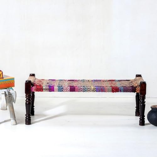 Image of Wooden Bench for Seating | Handcrafted Sheesham Wood Bench for Living Room, Balcony & Garden | Traditional Patio for Outdoor with Chindi and Jute Handwoven Rope | Jute and Multicolor