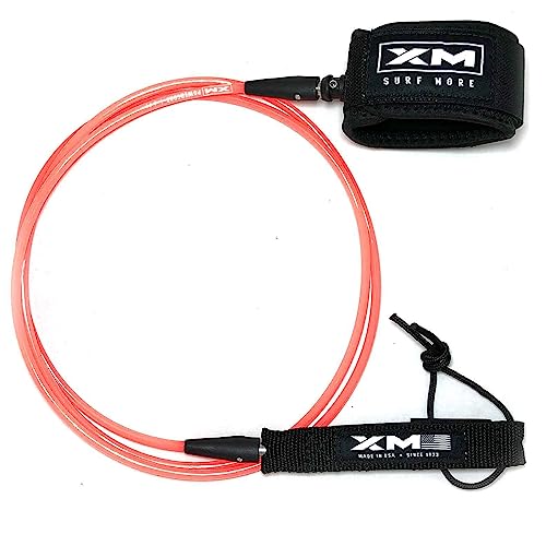 XM SURF MORE Premium Surfboard Leash, 5.5ft, Made in USA, Comp Cord Thickness (0.220in), Key Pocket, Unbreakable Swivels, Detachable Railsaver, Coral Leash, Black Strap, Kink-Free [3 Year Warranty]