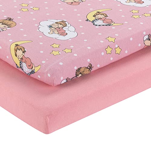 Image of 2 Pack n Play Mattress Sheets - 100% Jersey Knit Cotton Soft Portable Crib Mattress Sheet for Girls with Pink and Yellow Precious Moments Design; 2 Pk Playpen Mattress or Mini Crib Fitted Sheet Set