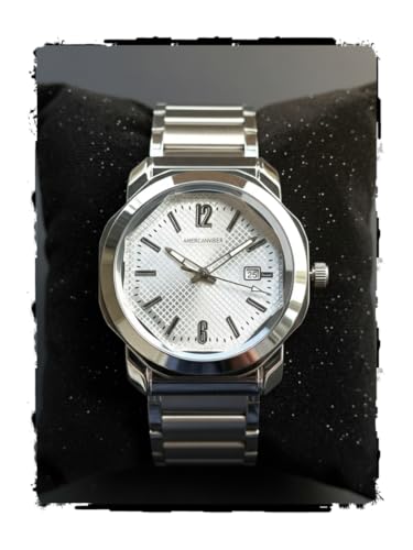Image of AMERICANVIBER Men's Stainless Steel Watch, White Textured Dial, Analog Quartz Movement, Date Display, Water-Resistant, Silver Tone Bracelet for Men