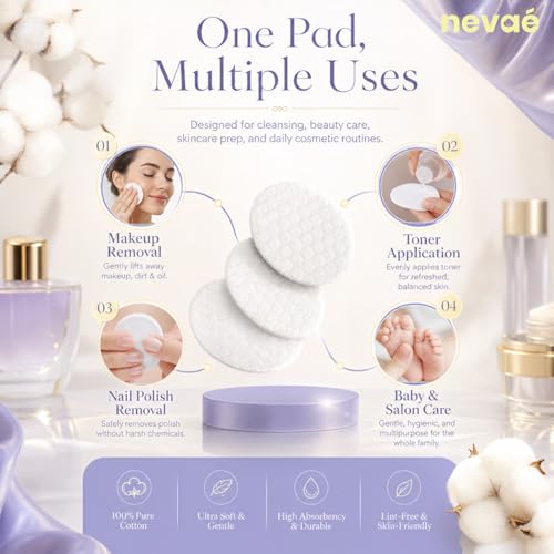 Image of Nevae Cotton Pads for Face (100 pcs) | 100% Pure Cotton | Soft, Lint-Free, Double Sided | Makeup Remover, Toner & Skincare Use | Pack of 2 (50 Pcs each)