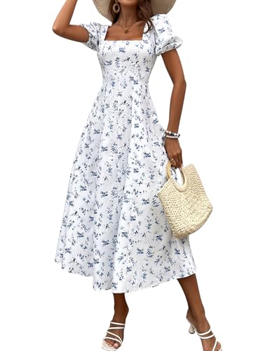 VKIHOC Women 2024 Summer Square Neck Puff Sleeve Smocked Midi Dress Flowy A Line Ruffle Casual Dresses